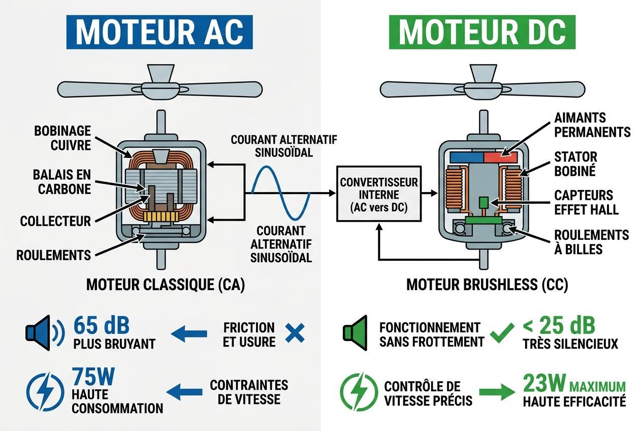 Avantage d'un moteur dc pour un ventilateur de plafond: schéma comparatif AC/DC montrant moteur brushless (CC) silencieux et efficace, avec indication de faible bruit et consommation réduite.