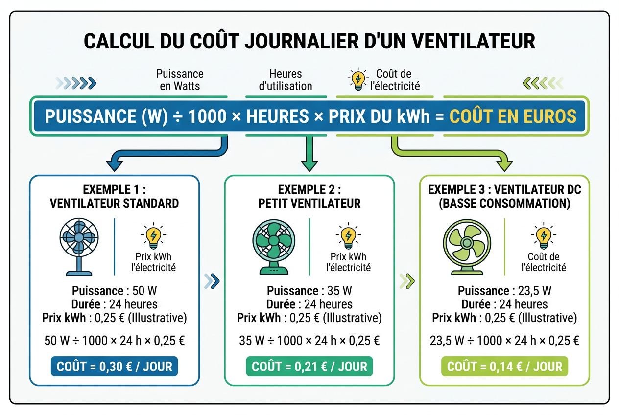 Calcul de coût journalier d’un ventilateur: puissance 50 W, 24 h, prix kWh 0,25 €, coût 0,30 €/jour; petit ventilateur 35 W, coût 0,21 €/jour; ventilateur DC faible consommation 23,5 W, coût 0,14 €/jour. intégration: consommation ventilateur 24h est illustrée.