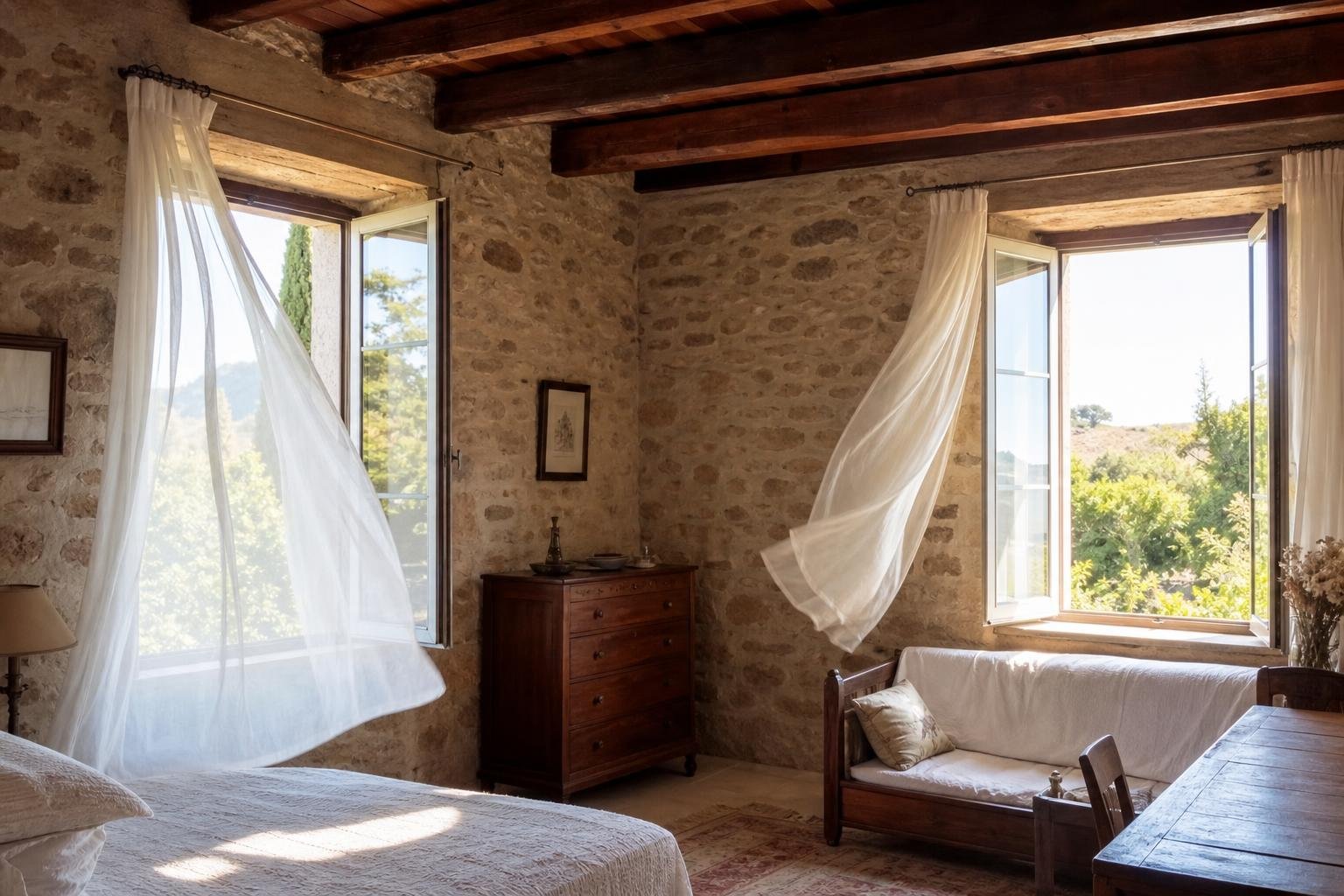 Chambre lumineuse avec murs en pierre et rideaux flottants près des fenêtres ouvertes, mobilier en bois et vue verdoyante. ventilation naturelle ou vmc (exemple d’aération naturelle).