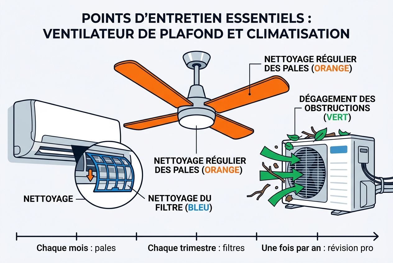 Clim et ventilateur en même temps : schéma montrant entretien d’un climatiseur et d’un plafond, avec nettoyage de pales, filtre et ventilateur pour une fraîcheur efficace.