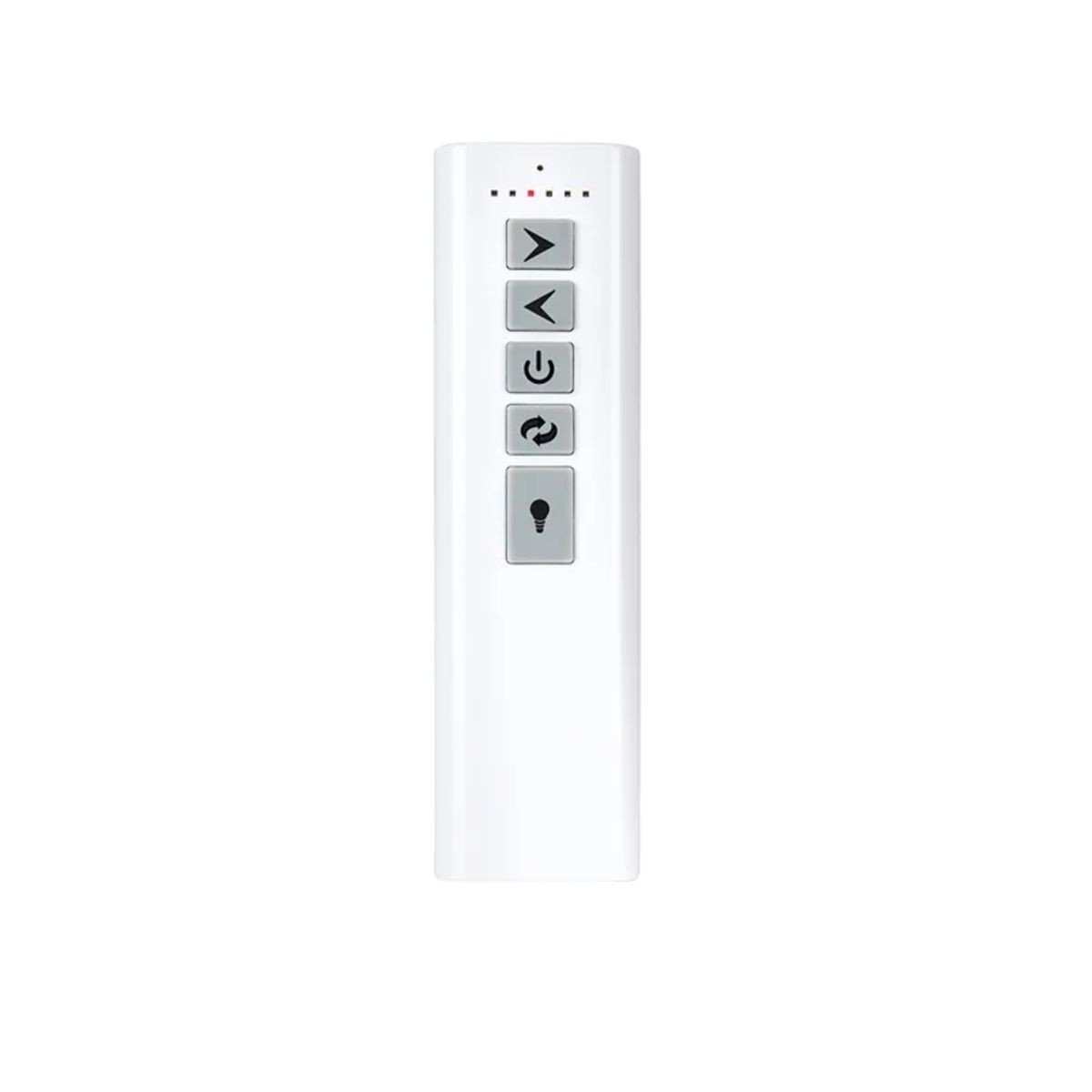 Commande à distance blanche avec boutons gris et symboles : flèches, démarrage, rotation et ampoule, sur fond blanc. pourquoi mon ventilateur fait un bruit bizarre intégré naturellement?