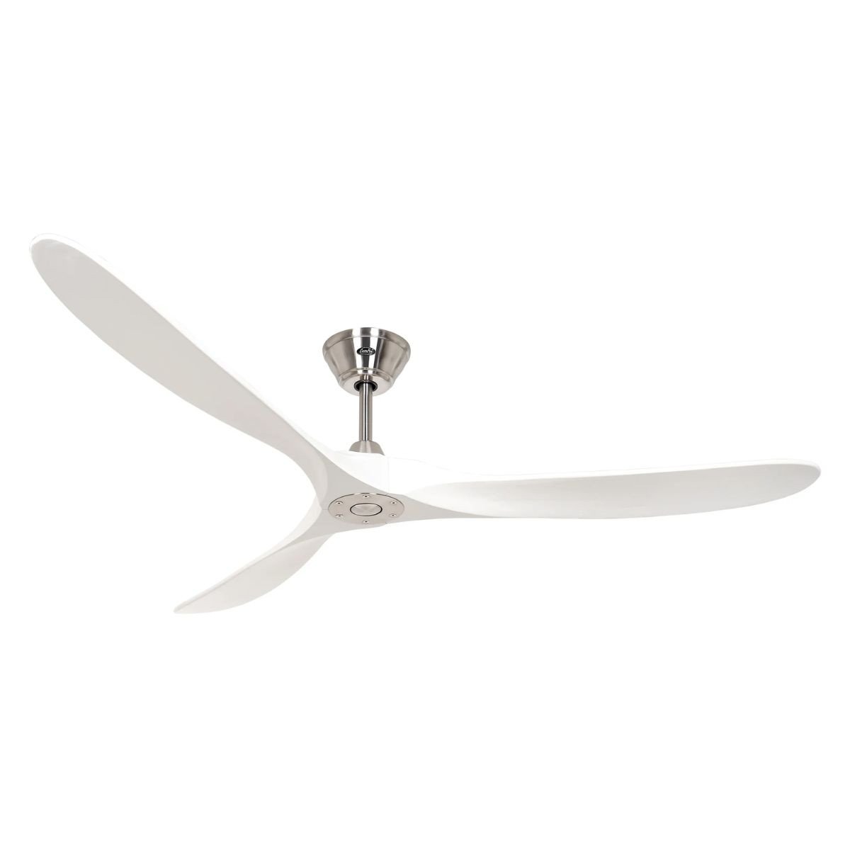Comment choisir son destratificateur: ventilateur de plafond white à hélices triples et montage au plafond chromé.