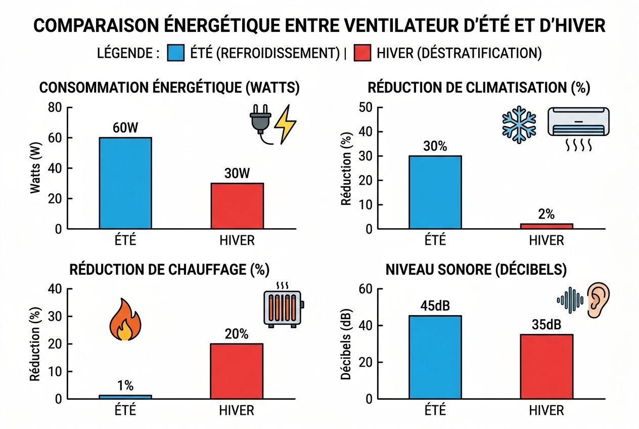 Comparaison énergétique entre ventilateur d’été et d’hiver, principes été hiver et réduction climatisation adaptés.