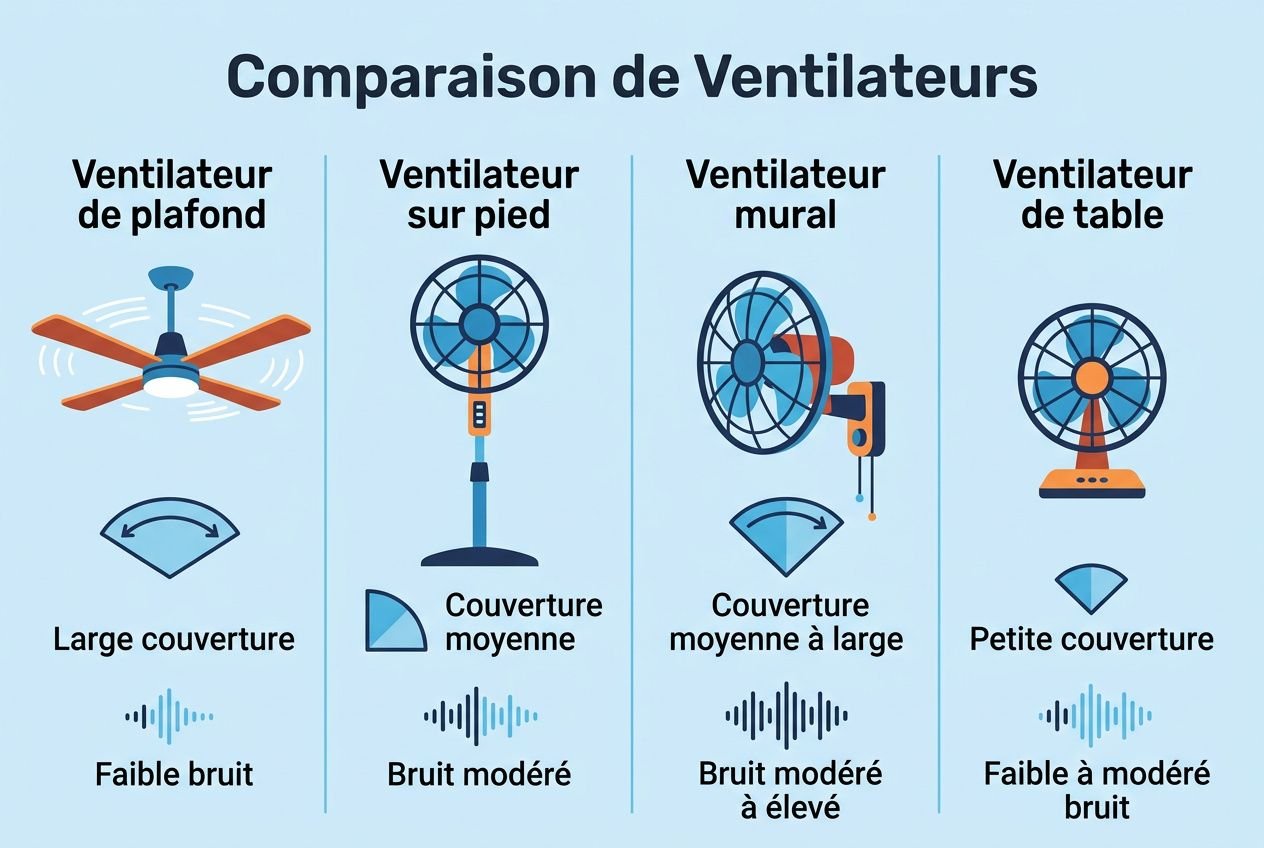 Comparaison de ventilateurs: plafond, pied, mural et table, avec couvertures et niveaux de bruit variés.