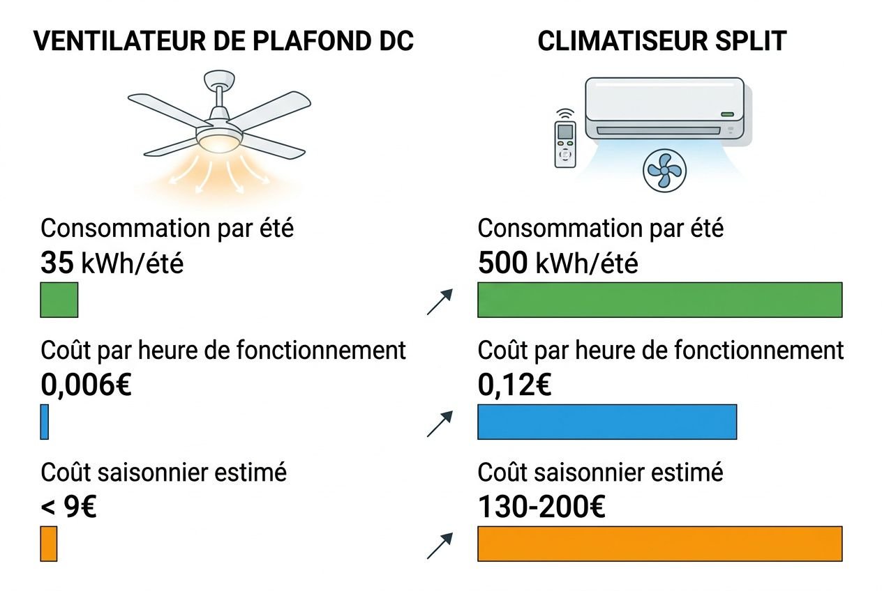 Comparatif consommation: ventilateur de plafond DC (35 kWh/été) vs climatiseur split (500 kWh/été) avec coûts: 0,006€/heure et 0,12€/heure, saisonniers estimés 9€ vs 130–200€.