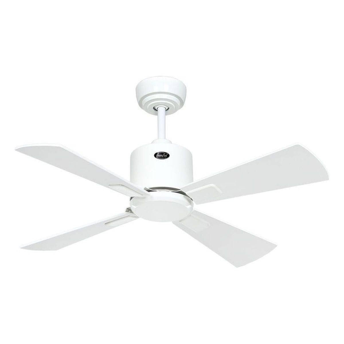 Déstratificateur d’air silencieux: petit ventilateur plafond blanc à quatre pales, suspendu au plafond. conseils d’achat intégrés.