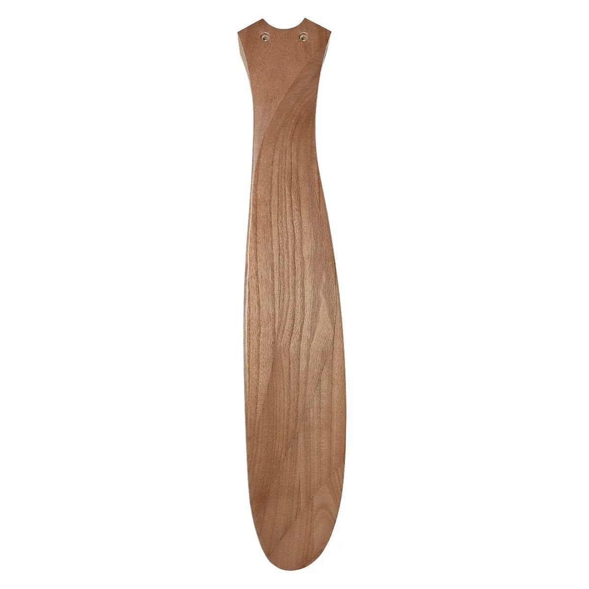 Destratificateur plafond avec télécommande : lames en bois naturel allongées et finement incurvées, fixations visibles en haut.