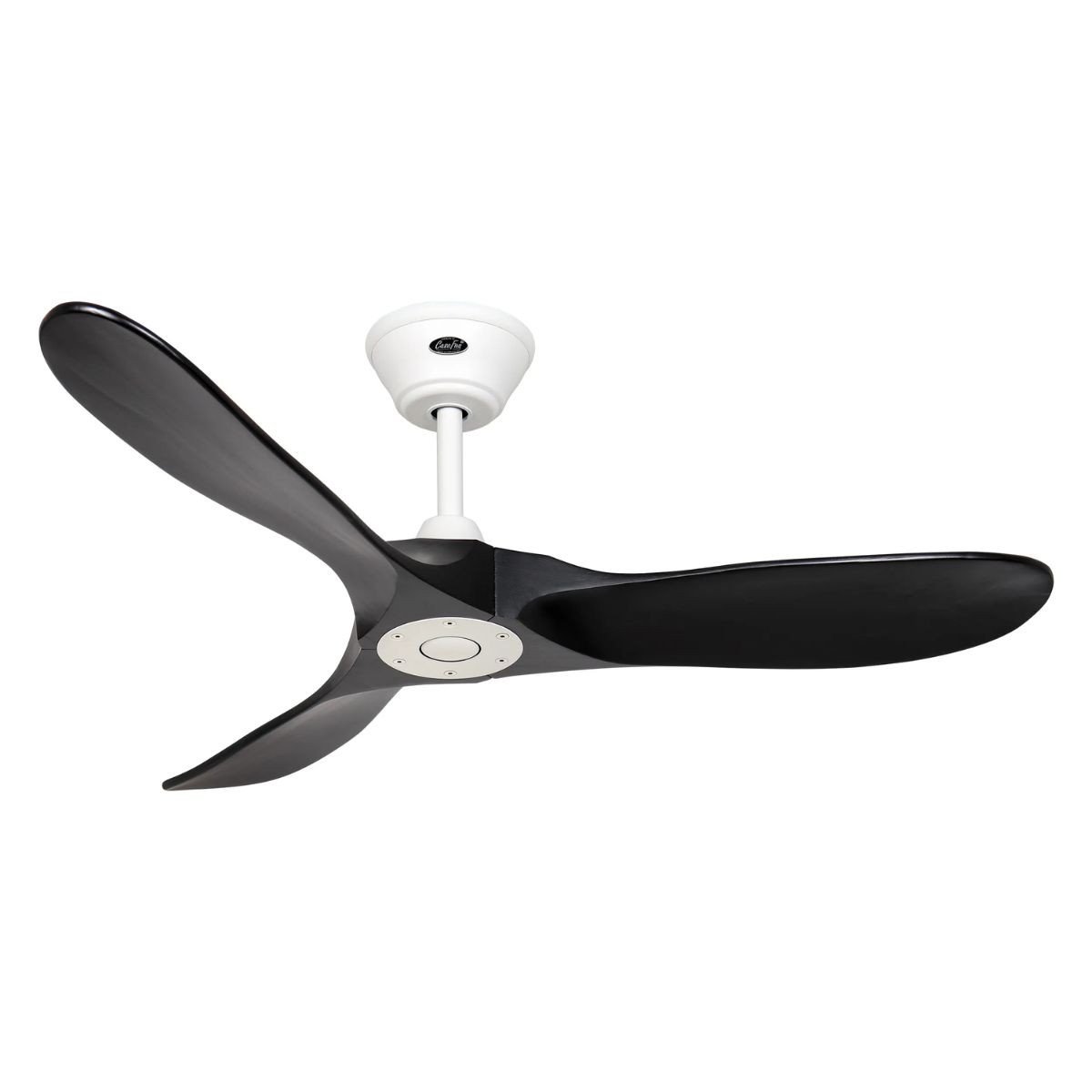 Destratificateur plafond avec télécommande noir à trois pales fixes, moteur mural blanc et support au plafond.