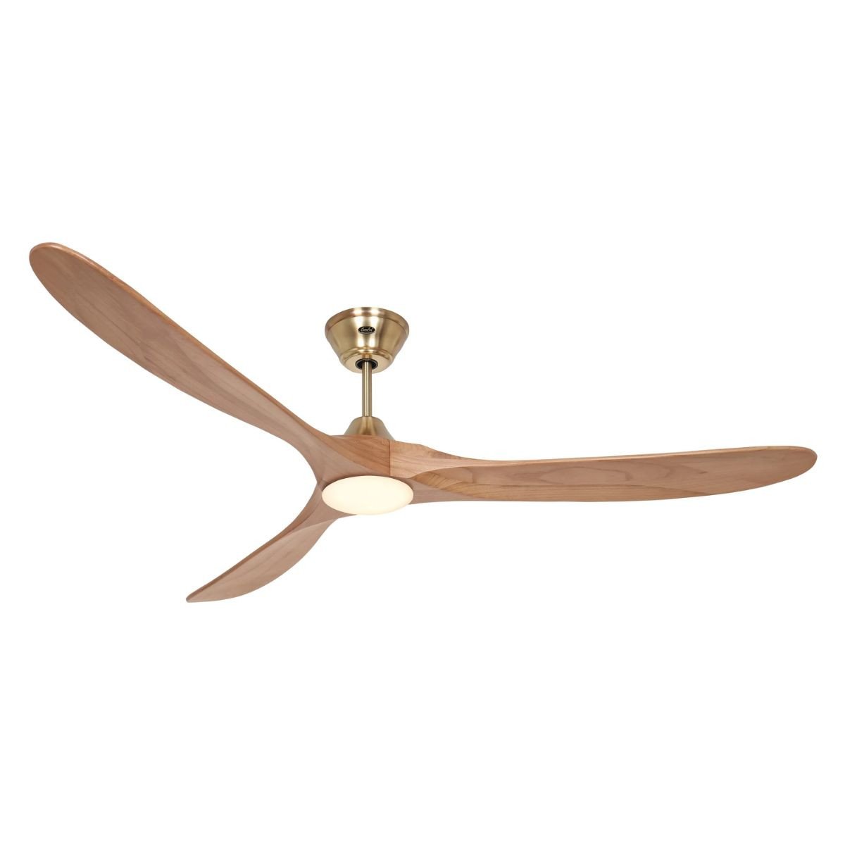 Destratificateur plafond avec télécommande : ventilateur de plafond à trois pales boisé et fixation au plafond dorée, sans ombre.