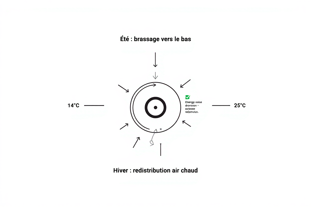 Diagramme explicatif montrant la circulation d’air autour d’un ventilateur industriel, avec flèches indiquant les directions et les variations de température entre été et hiver.