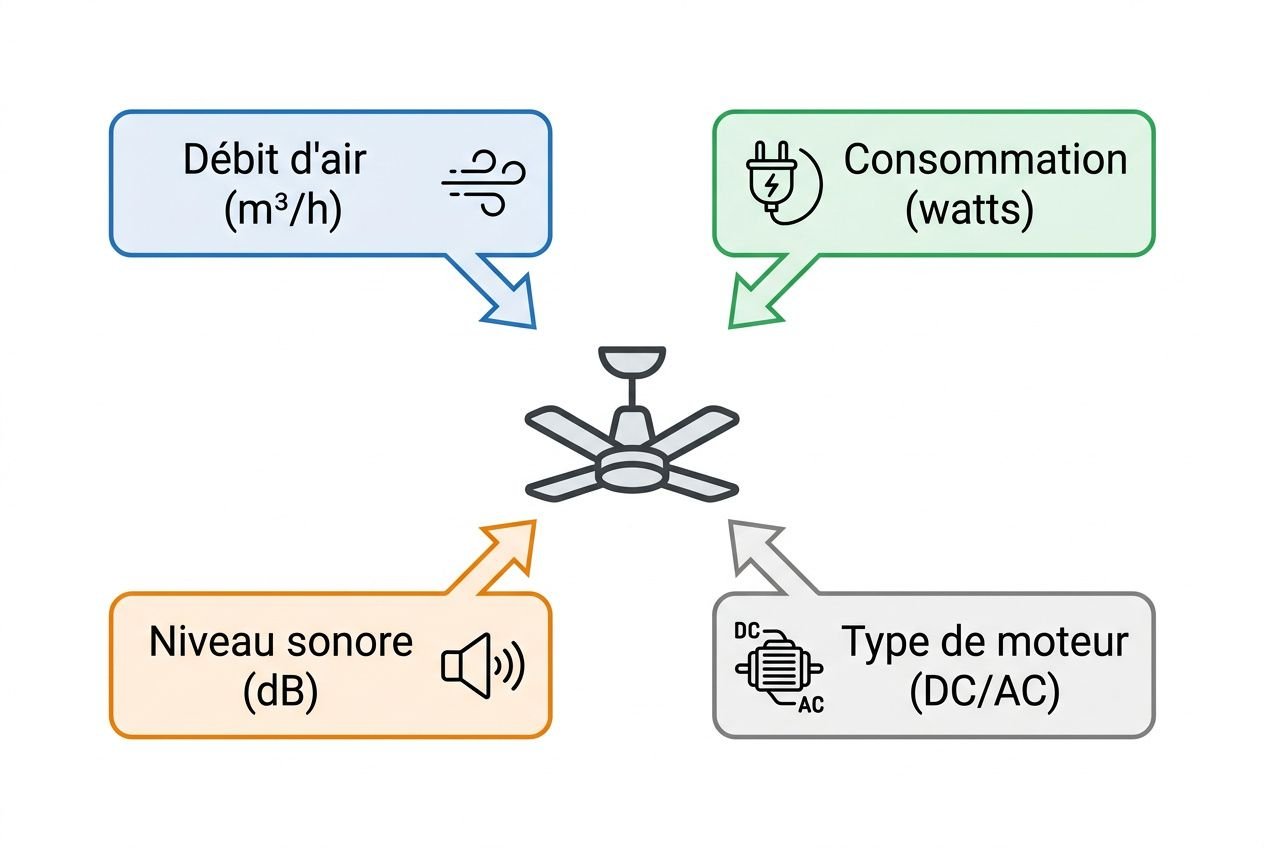 Diagramme expliquant l’efficacité du ventilateur de plafond: débits d’air, consommation, niveau sonore et type de moteur (DC/AC).