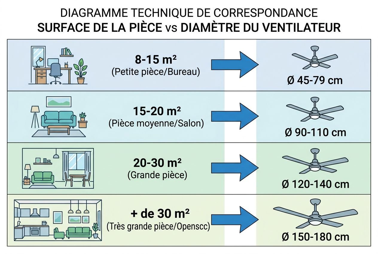 Diagramme technique de correspondance surface de la pièce vs diamètre du ventilateur, recommandé par tranche.