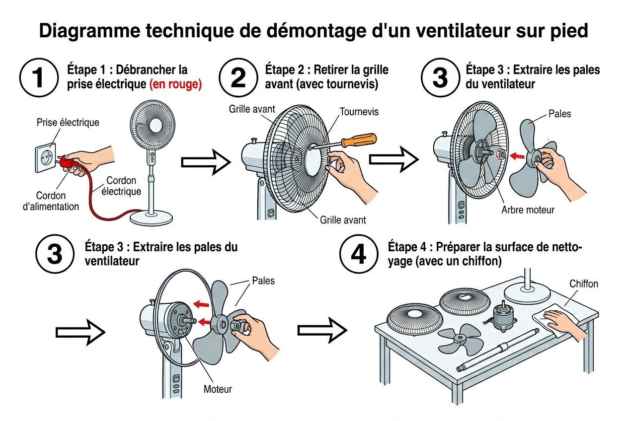 Diagramme technique montrant les étapes pour démonter un ventilateur sur pied et extraire les pales du ventilateur, avec outils et surfaces à nettoyer. Comment nettoyer les pales d'un ventilateur sur pied est facilité.
