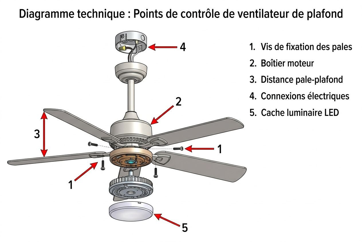 Diagramme technique montrant les points de contrôle d’un ventilateur de plafond, avec vis, boîtier moteur, distance pale-plafond, connexion électriques et cache LED. entretien ventilateur plafond conseils visibles.