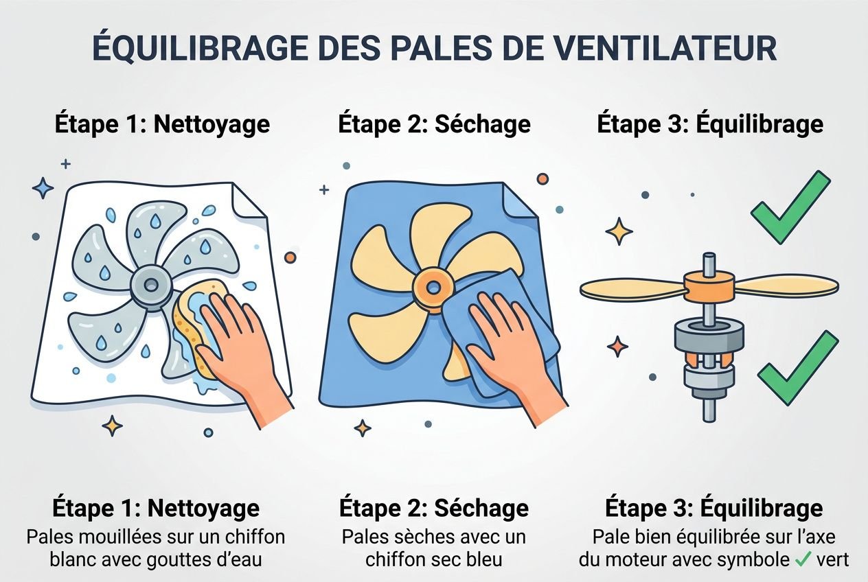 Équilibrage des pales de ventilateur sur pied: nettoyage, séchage et mise en équilibre de l’axe du moteur avec des gestes étape par étape.
