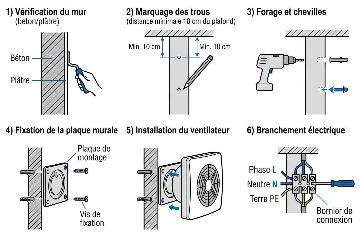 Guide illustré: étapes pour installer un ventilateur mural, avec vérification mur, marquage, perçage, fixation, installation et branchement électrique. Inclut le keyword: comment choisir un ventilateur mural.