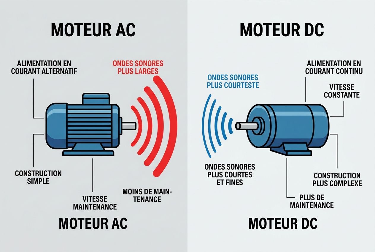 Illustration comparant moteur AC et moteur DC; côté AC, on voit un moteur avec ondes rouges et étiquettes: alimentation en courant alternatif, construction simple, vitesse maintien, moins de maintenance; côté DC, moteur avec ondes bleues et étiquettes: alimentation en courant continu, vitesse constante, construction plus complexe, plus de maintenance. Ventilateur plafond pour petite pièce intégré? non mentionné explicitement.