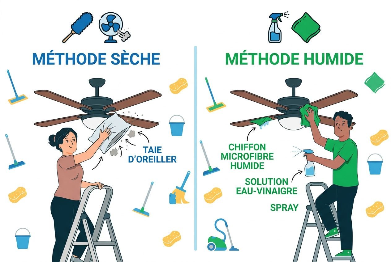 Illustration montrant deux méthodes d’entretien du ventilateur plafond: sèche (nettoyage de la pale et taie d’oreiller) et humide (chiffon microfibre humide, solution eau-vinaigre, spray) avec une personne sur une échelle. Entretien ventilateur plafond conseils.