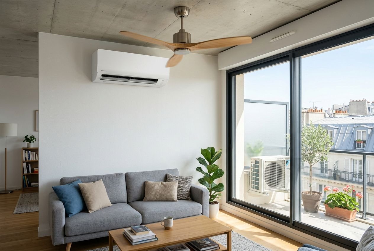 Meilleur ventilateur pour canicule : salon moderne avec ventilateur au plafond, climatisation murale, canapé gris et grandes fenêtres donnant sur une terrasse.