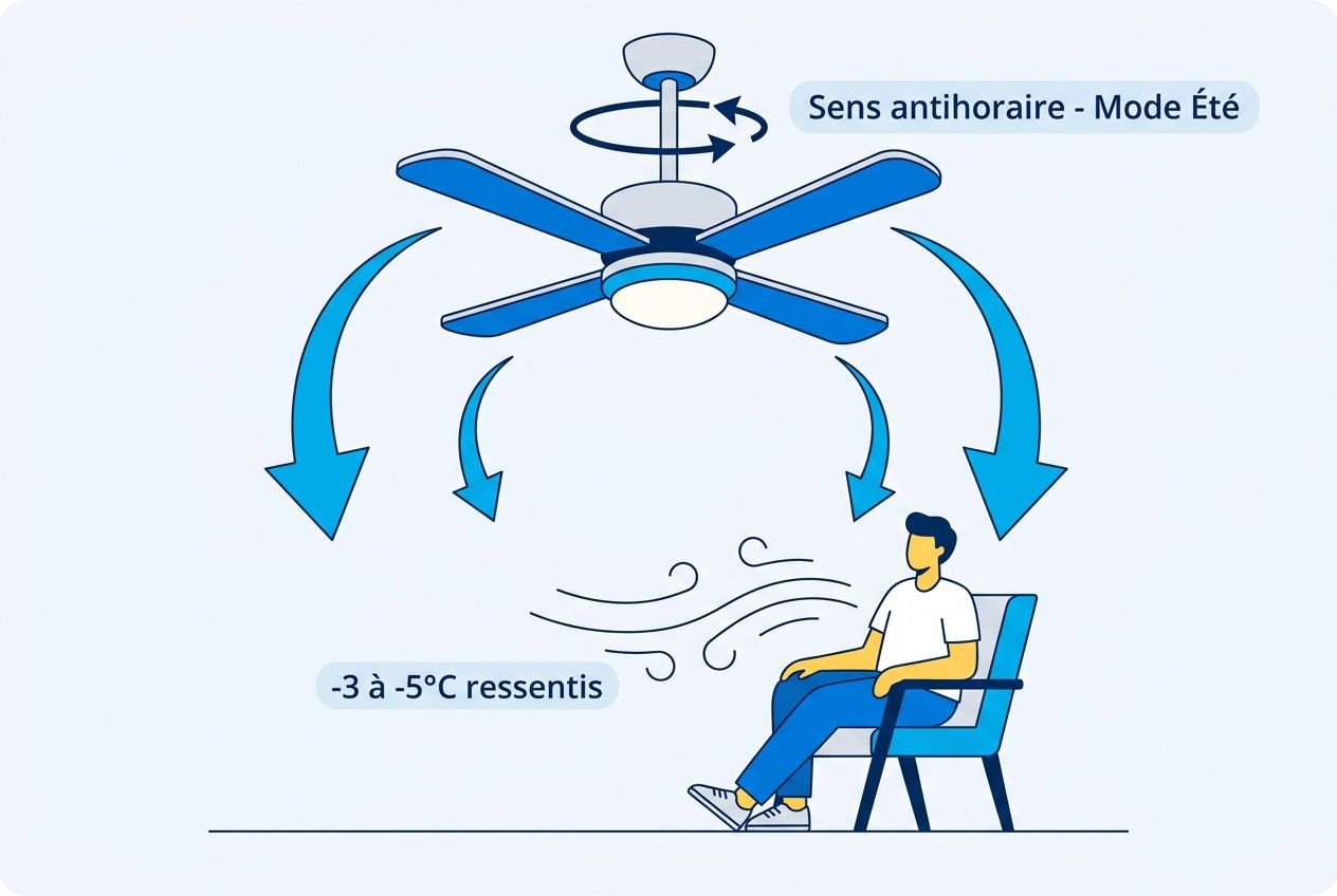 Mode hiver et été d'un ventilateur de plafond: flèche de rotation et utilisateur assis, indiquant sens antihoraire en été et température ressentie -3 à -5°C.