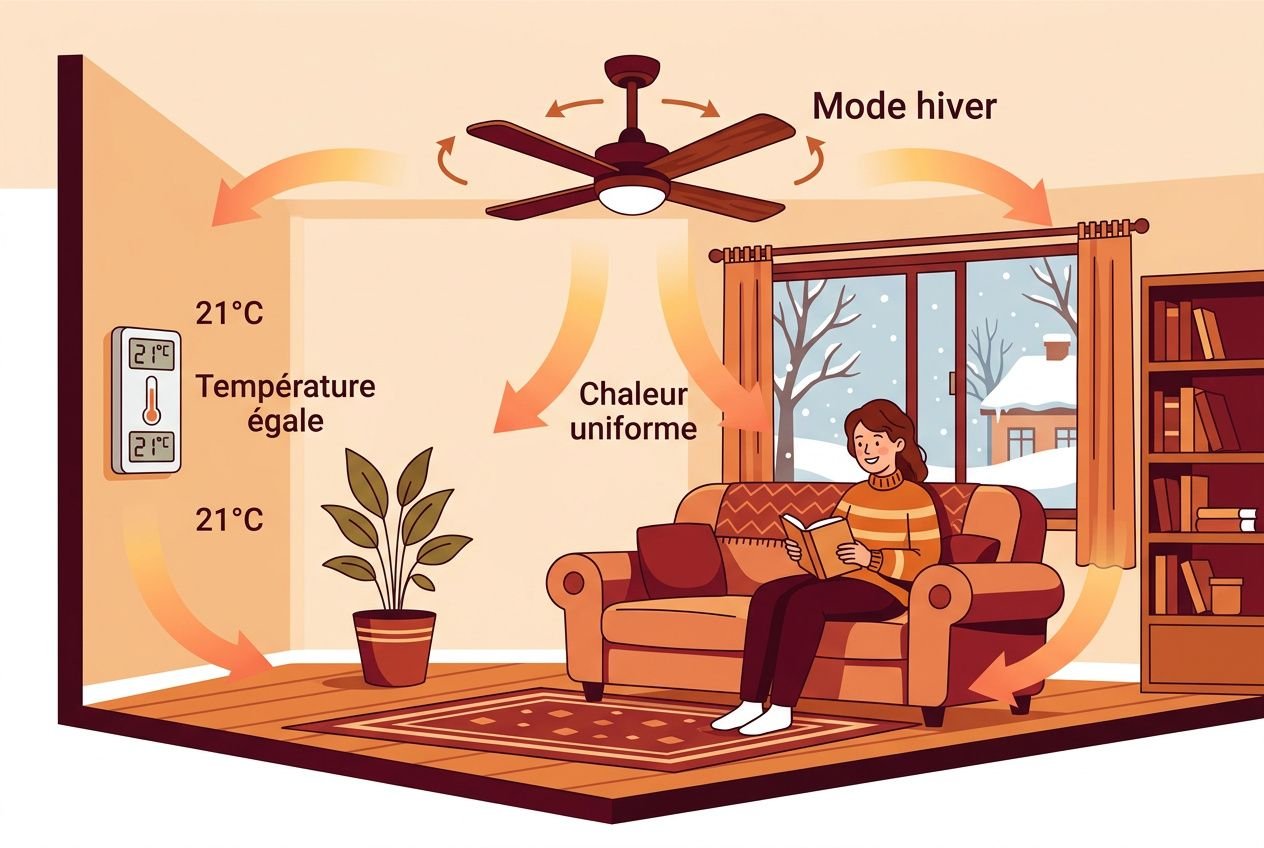 Mode hiver : le ventilateur de plafond brasse l’air chaud pour une chaleur uniforme et des économies d’énergie jusqu’à 30 %.