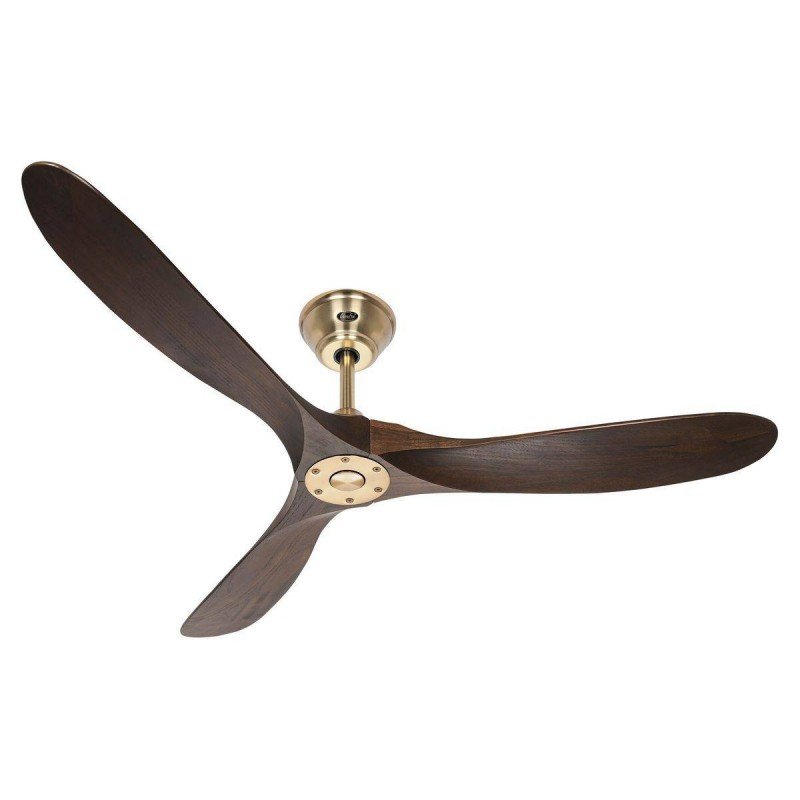 Pale bois foncé avec trois pales, ventilateur de plafond métallique bronze, vue en angle. En contexte: améliorer aération bâtiment scolaire.