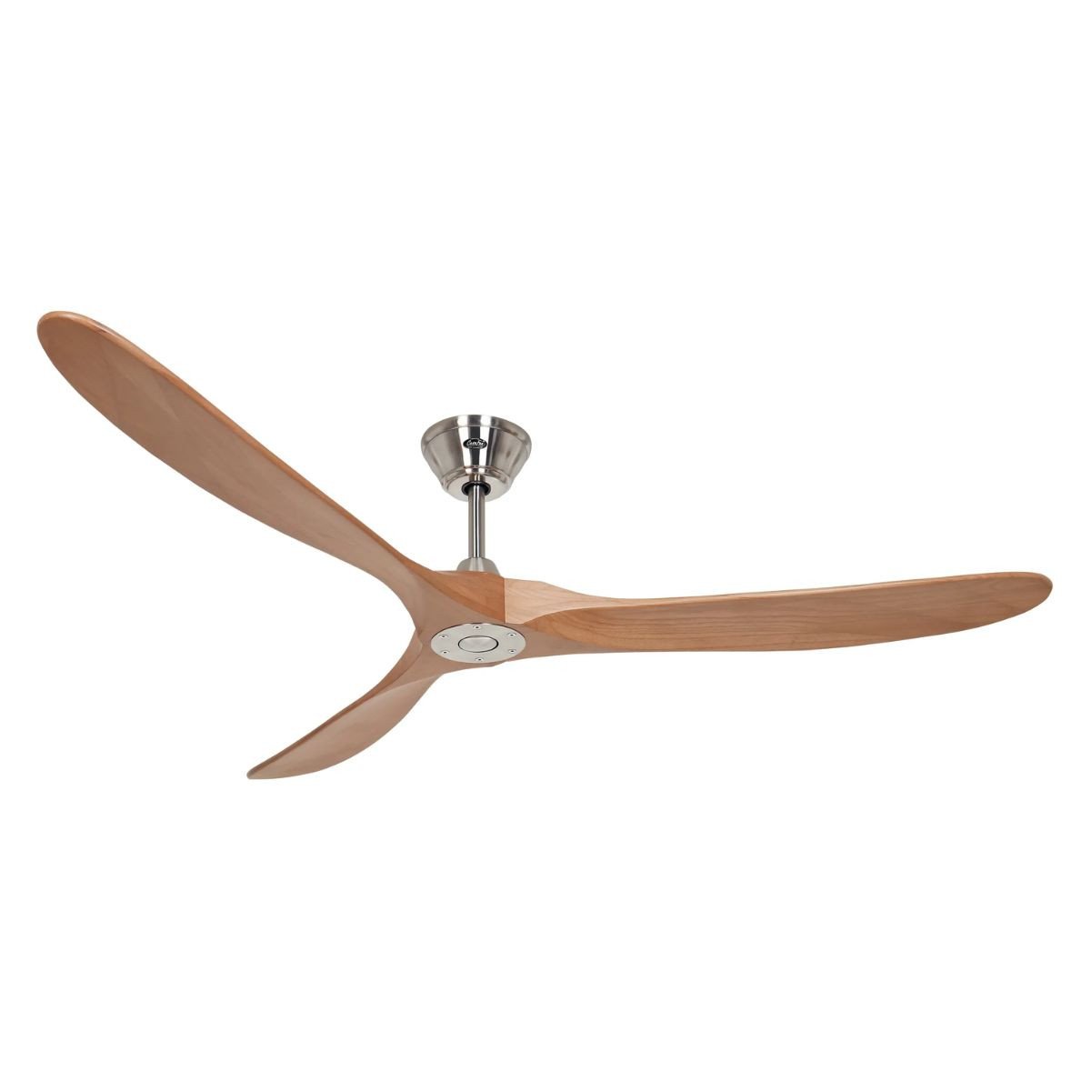 Panneau de ventilateur plafond à trois pales en bois brun clair, support métallique et moteur au centre. Comment réparer un ventilateur qui tourne lentement intégré ici.