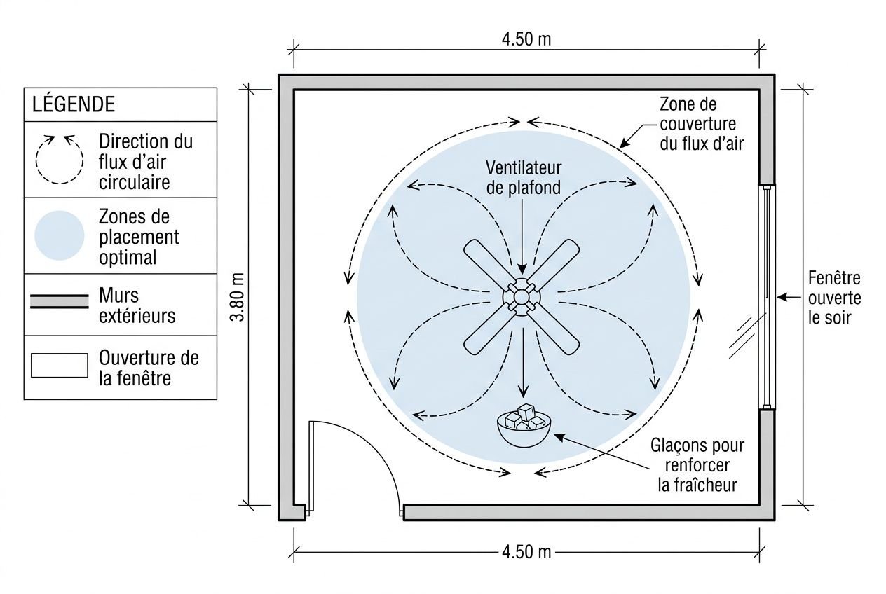 Plan d’aménagement d’une pièce avec flux d’air circulaire et ventilation au plafond, incluant glacières pour rafraîchir et ouverture de la fenêtre.