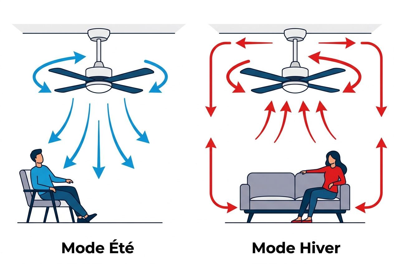 Portraits comparant le mode été et le mode hiver d’un ventilateur de plafond: les pales tournent différemment pour assurer une circulation d’air sous le plafond.
