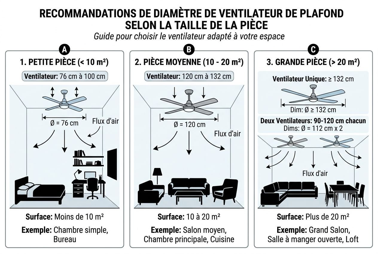 Recommandations de diamètre de ventilateur de plafond selon la taille de pièce, avec trois zones A/B/C et exemples d’aménagements. ventilateur plafond silencieux meilleur intégré.