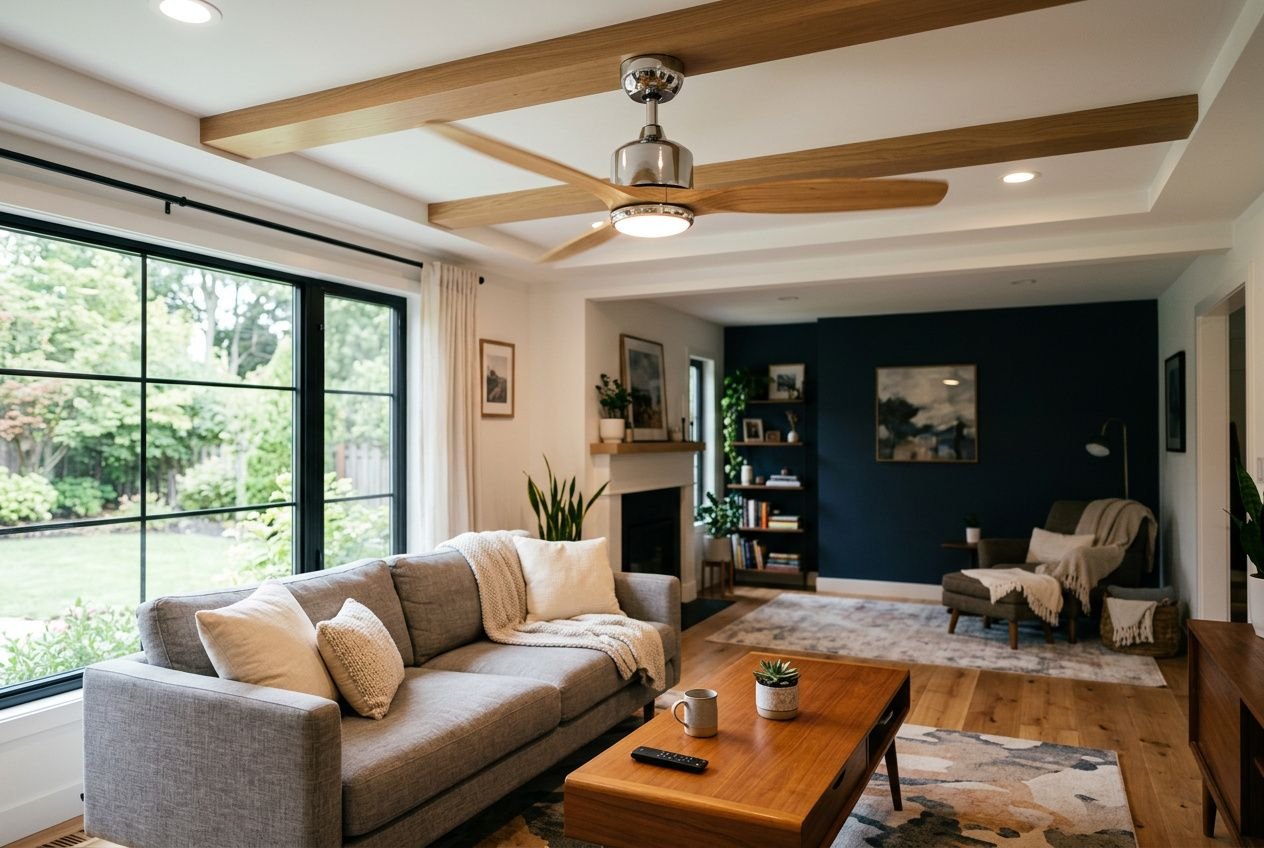 Salle de séjour lumineuse avec ventilateur plafond connecté alexa au centre, bois naturel et plafond en rangées, canapé gris, table basse en bois et murs clairs.