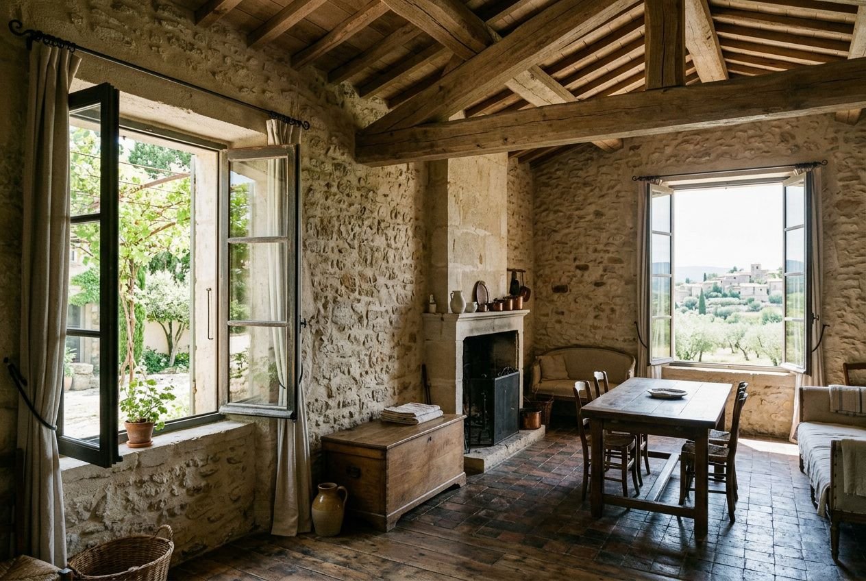 Salon lumineux dans une maison ancienne avec murs en pierre, poutres apparentes et grande fenêtre ouverte laissant entrer l’air. On voit une cheminée, table en bois et chaises, ambiance rustique et ventilation naturelle maison ancienne indicated.