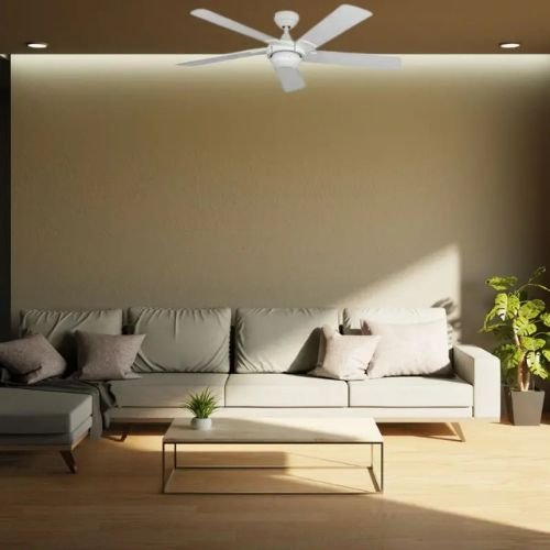 Salon moderne avec canapé gris et table basse, éclairé par la lumière naturelle et un ventilateur au plafond.