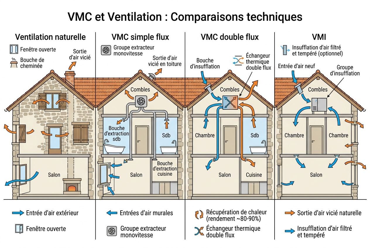 Schéma comparatif ventilation: maison ancienne avec ventilation naturelle, VMC et VMI, montrant entrées d’air extérieures et fenêtres ouvertes, issues et flux d’air par pièces.
