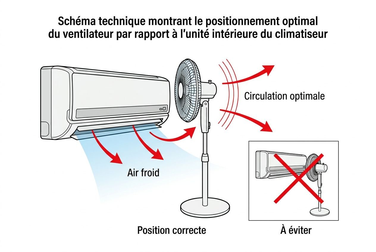 Schéma illustrant le positionnement optimal d’un ventilateur par rapport à une climatisation pour diffuser l’air frais, avec une notice à éviter d’un montage incorrect. Texte intégré: clim et ventilateur en même temps.