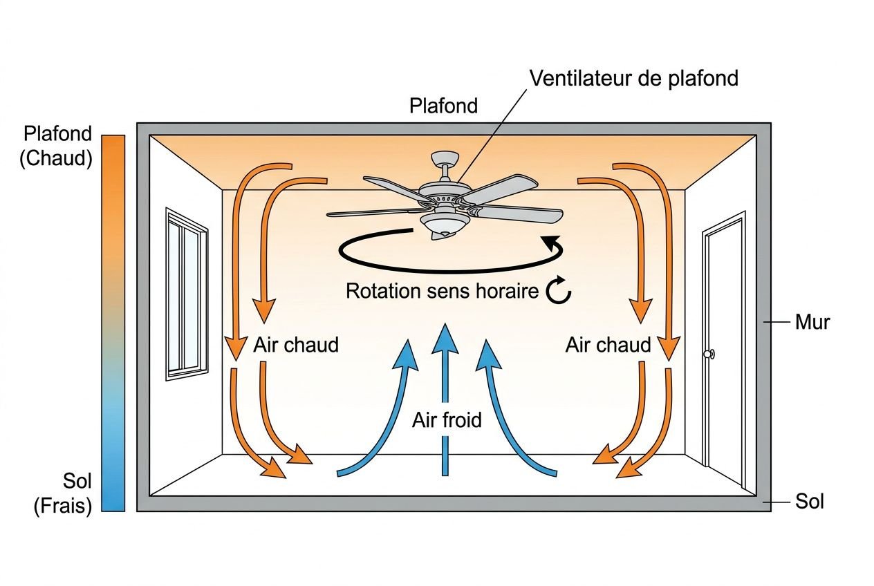 Schéma montrant le mode hiver d’un ventilateur plafond: circulation d’air chaud vers le haut et redistribué au plafond, permettant d’économiser l’énergie. avante ventilateur plafond hiver.