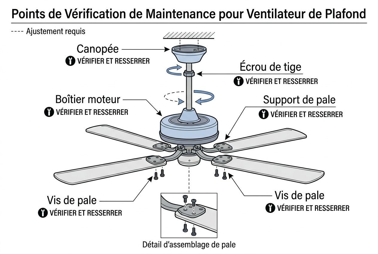 Schéma de points de vérification et d’entretien d’un ventilateur de plafond pour réduire le bruit et resserrer les composants.