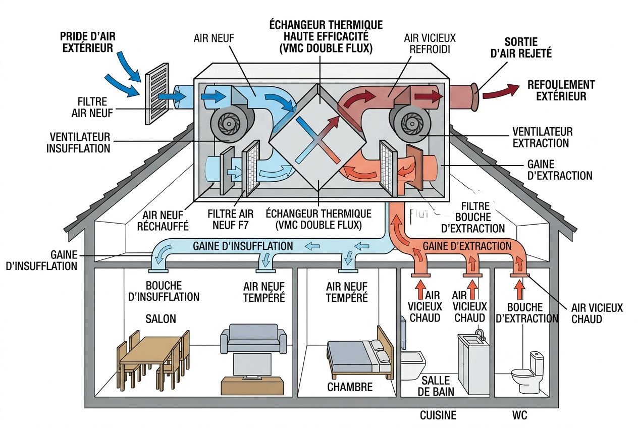 Schéma technique d’un système de ventilation domestique montrant les flux d’air entreEntrée d’air neuf, échangeur thermique et rejets, avec conduits vers salon, chambres et salles d’eau, illustrant la ventilation naturelle ou vmc.