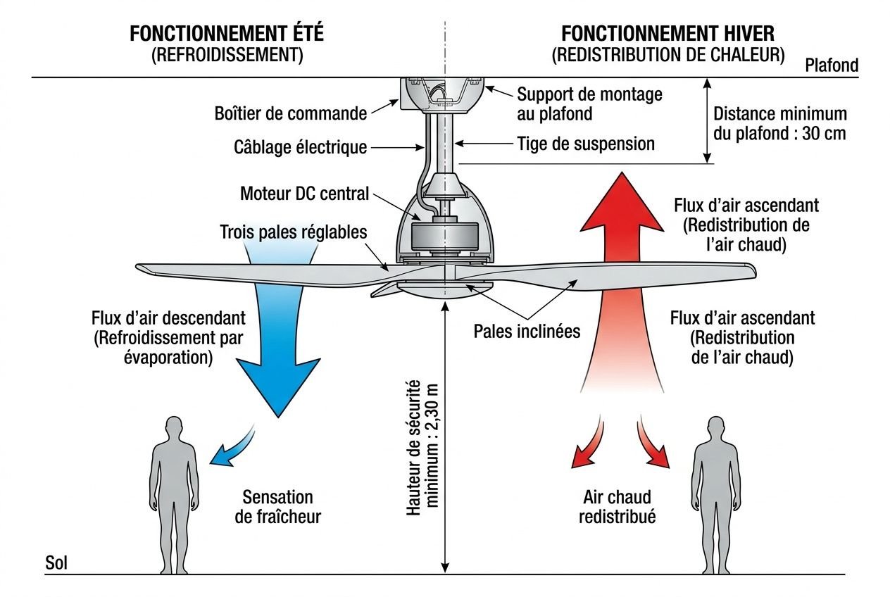 Schéma technique: ventilateur de plafond silencieux sans lumière en fonctionnement estival et hivernal, montrant flux d’air, pales inclinées et composants (moteur, boîtier, branches).