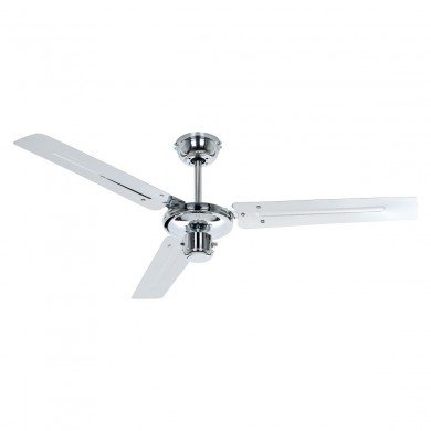Três moderne déstratificateur d'air plafond avec trois pales métalliques et support chromé, idéal pour circuler l'air.