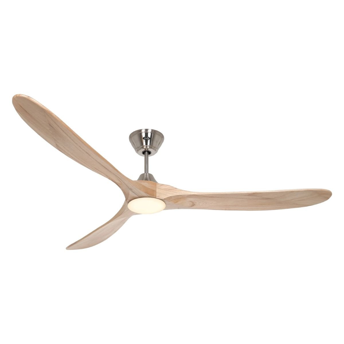 Ventilateur à trois pales en bois avec support métallique et éclairage intégré, propulsion par courant continu.