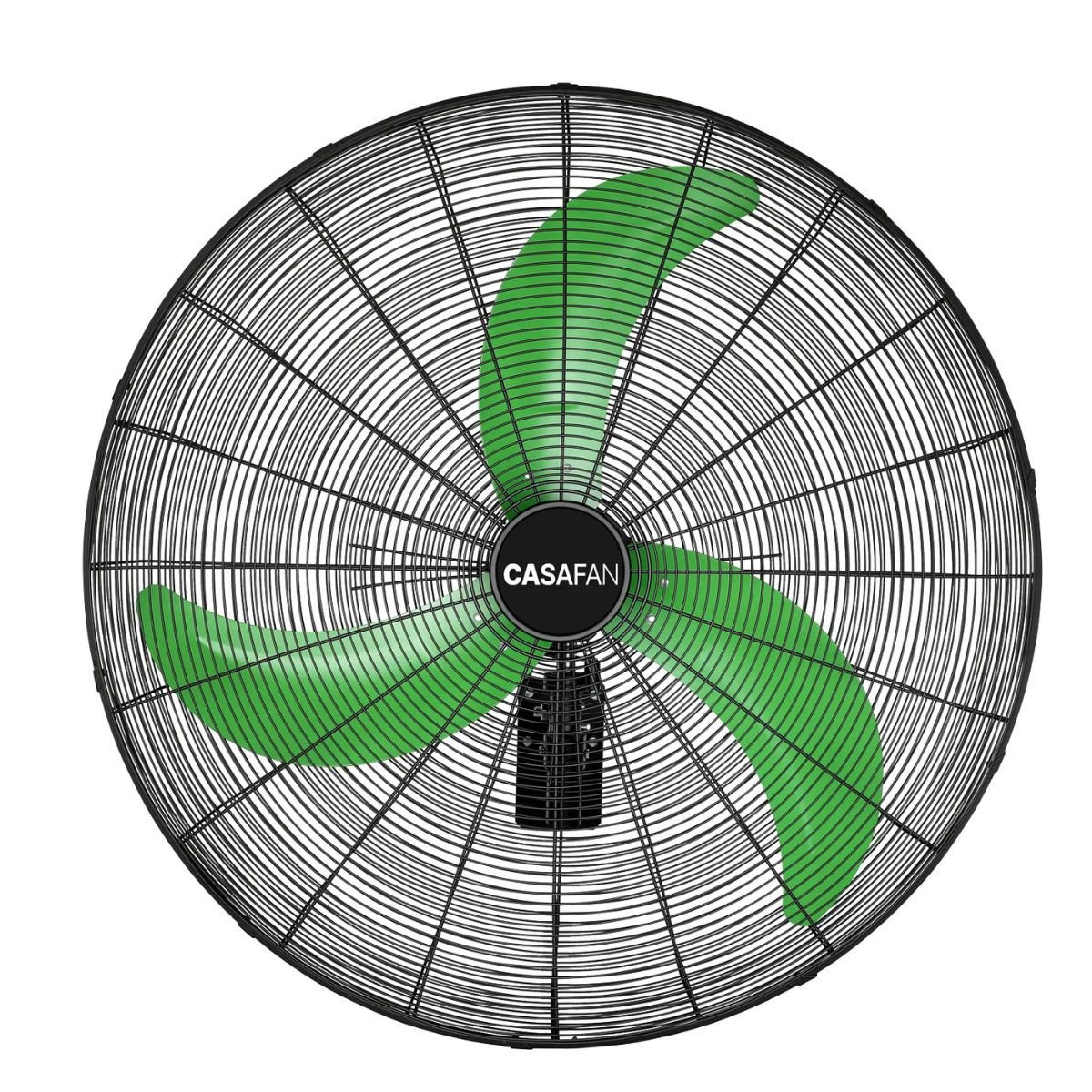Ventilateur CASAFAN rond à grille noire et pâles vertes, design mural/poignée centrale, idéal comme meilleur ventilateur efficace pour la canicule