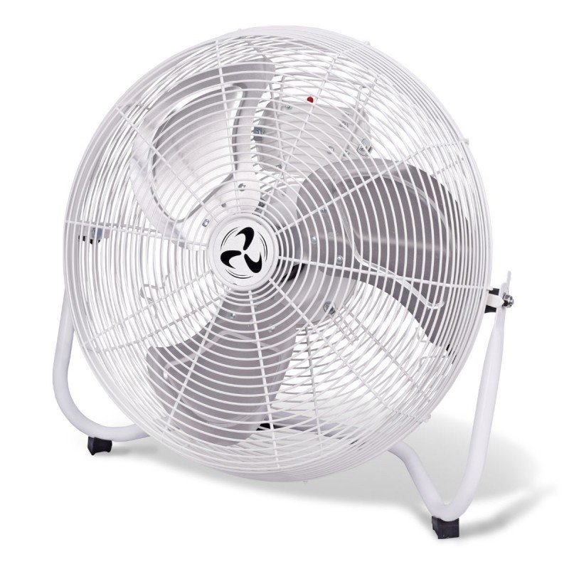 Ventilateur centrifuge industriel blanc, conçu comme destratificateur d air professionnel pour diffuser uniformément la température en entrepôt.