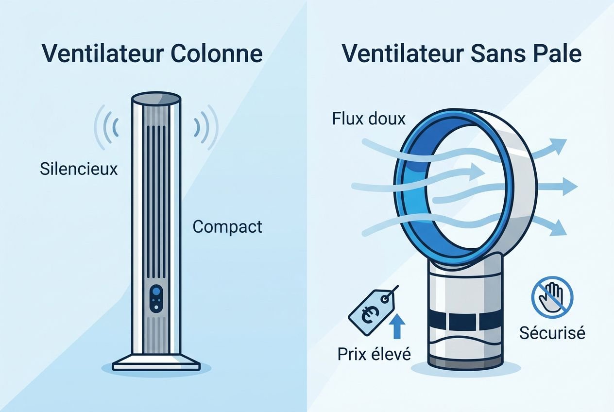 Ventilateur colonne et ventilateur sans pale illustrés, silhouettes techniques, avec mentions silencieux, compact et flux doux, sécurité et prix élevé. Meilleur ventilateur pour canicule.