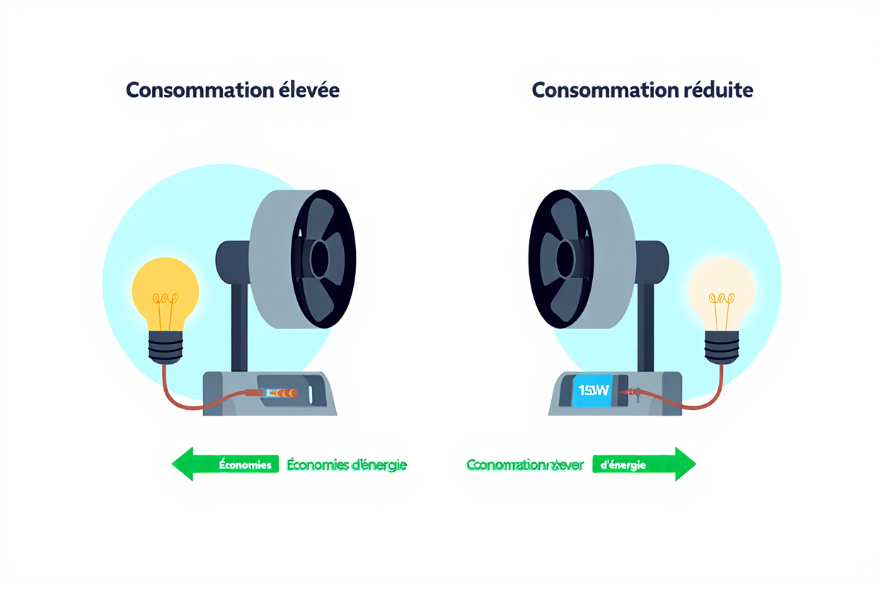 Ventilateur DC et économie énergétique: illustration comparant consommation élevée et consommation réduite d'un ventilateur à courant continu avec moteur et diode lumineuse. qu'est-ce qu'un ventilateur dc?