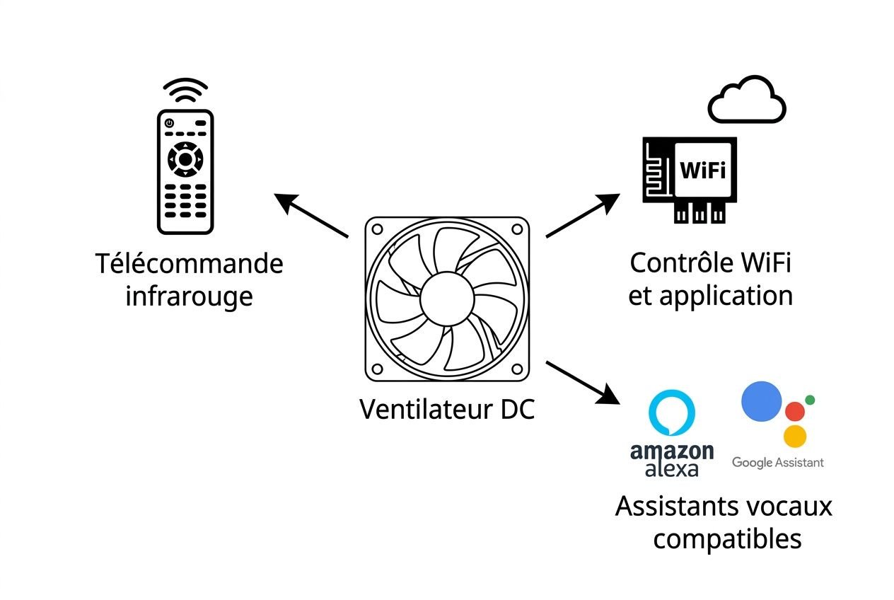 Ventilateur DC entouré de flèches montrant la télécommande infrarouge, le contrôle WiFi et les assistants vocaux compatibles.