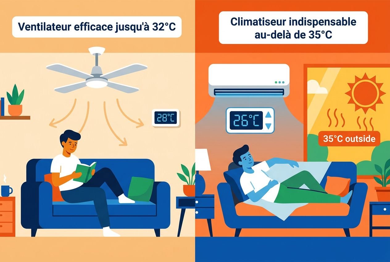 Ventilateur efficace jusqu’à 32°C vs climatiseur indispensable au-delà de 35°C; intérieur calme à gauche, affichage 28°C, intérieur climatisé à droite avec affichage 26°C et soleil extérieur 35°C. climatisation ou ventilateur consommation