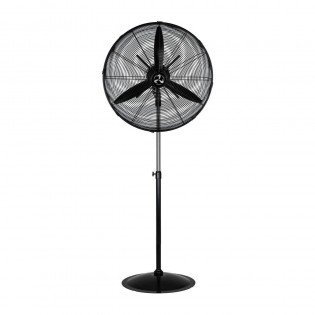 Ventilateur industriel sur pied noir avec hélice de 3 pales et grille de protection, modèle professionnel adapté.