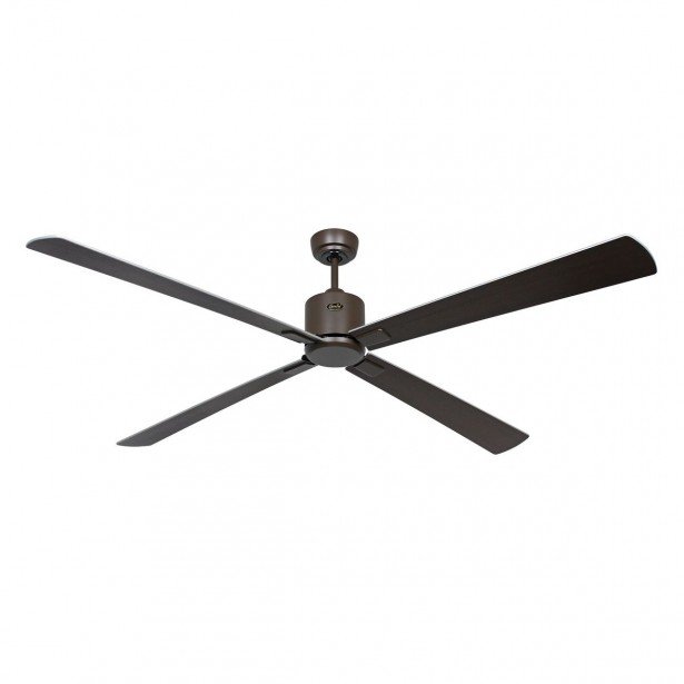 Ventilateur industriel au plafond avec quatre pales brunes et support mural, silhouette moderne et élégant. Intègre le mot-clé: comment choisir un ventilateur industriel.