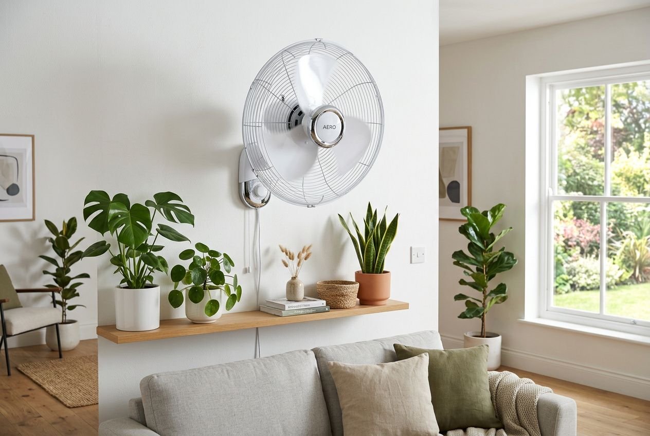 Ventilateur mural moderne fixé au mur au-dessus d’un canapé, avec une table basse et des plantes d’intérieur, dans un salon lumineux. comment choisir un ventilateur mural, guide d’intérieur.